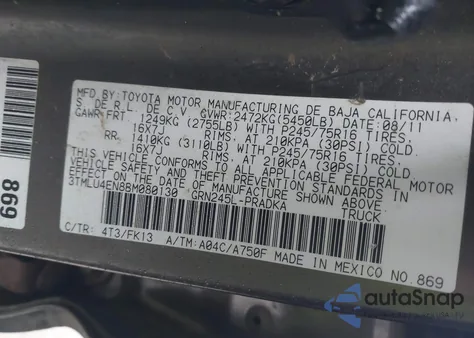 2011 Toyota Tacoma Base V6 из США, поврежденный, VIN 3TMLU4EN8BM080130